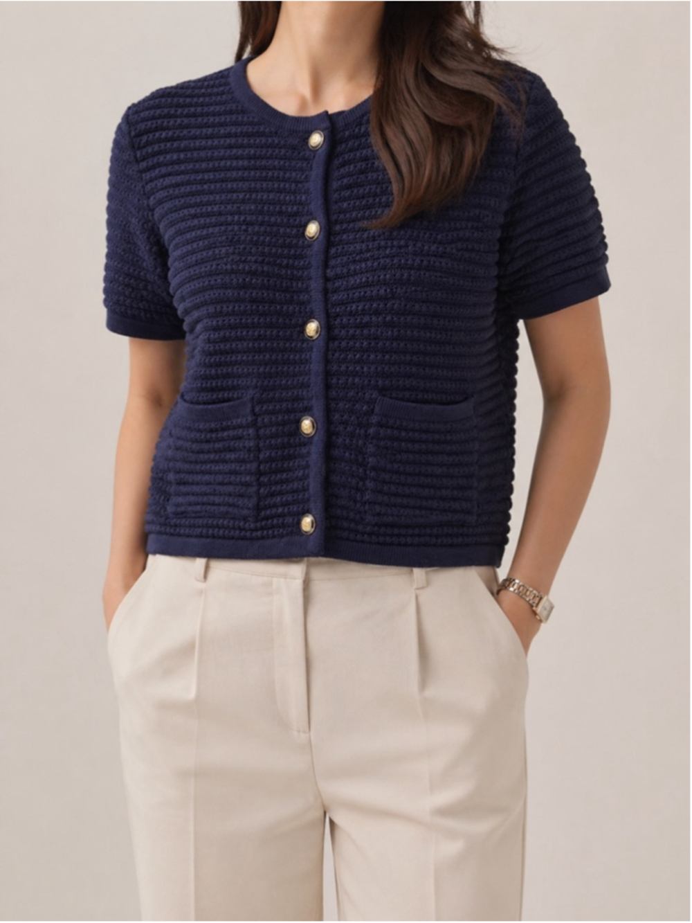 Joie Navy Blue Short Sleeve Button Down Cardigan Sz S Knit Gold Buttons